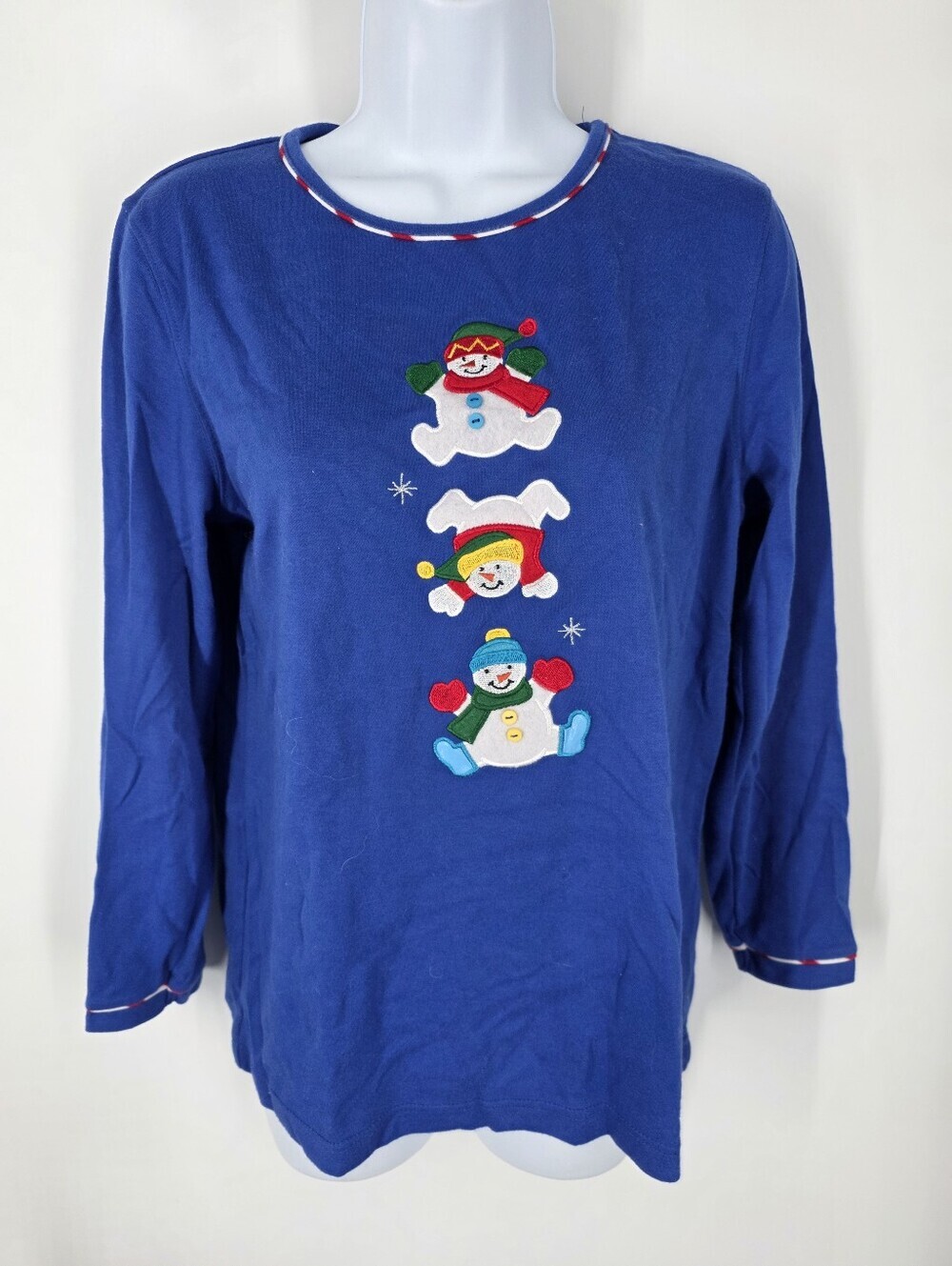 Mercer Street Studio Snowman Christmas Holiday Top Blue Medium M